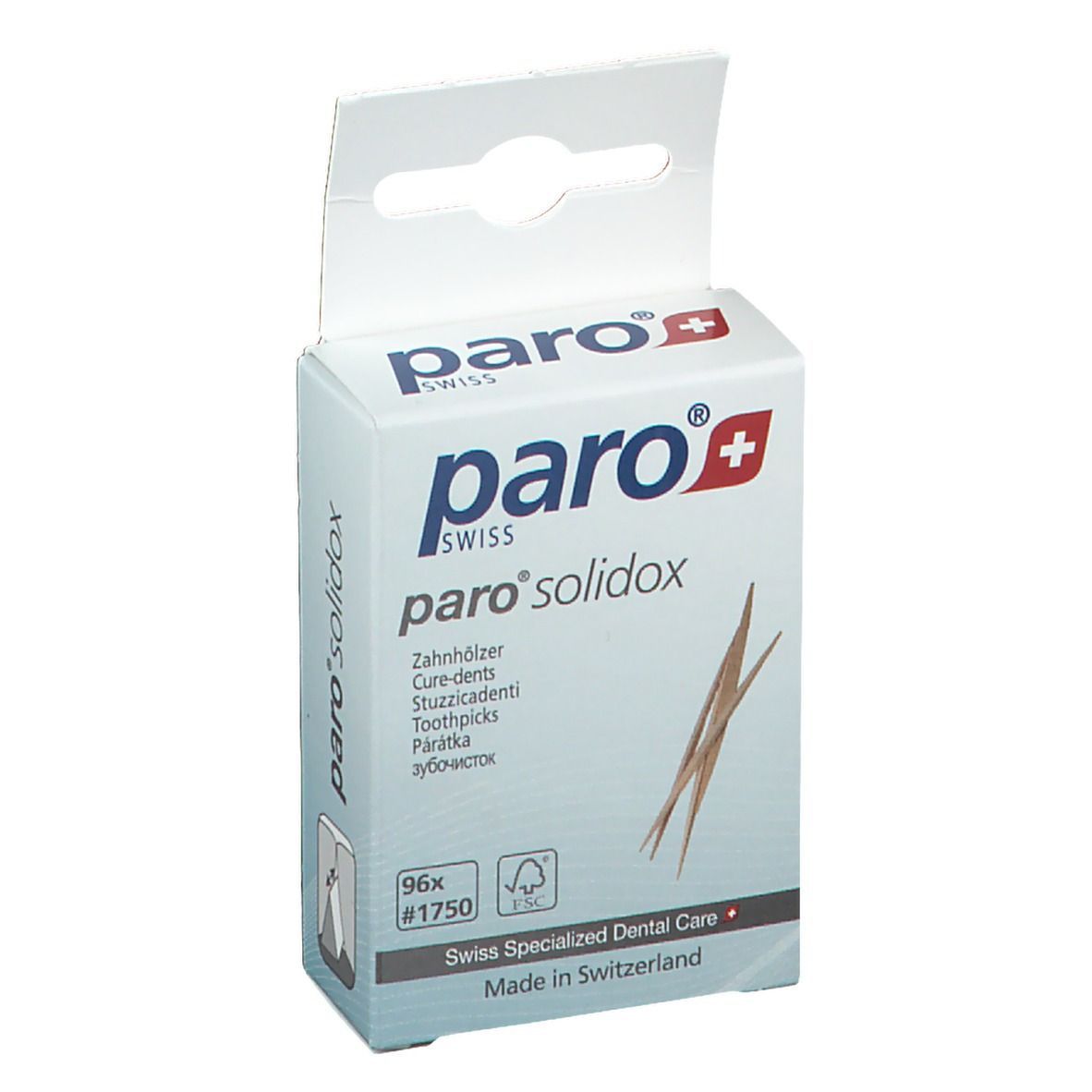 paro® solidox Verpackung. Weiß, mit Logo, Produktbezeichnung und Zahnhölzern. 96 Stück, Artikelnummer.