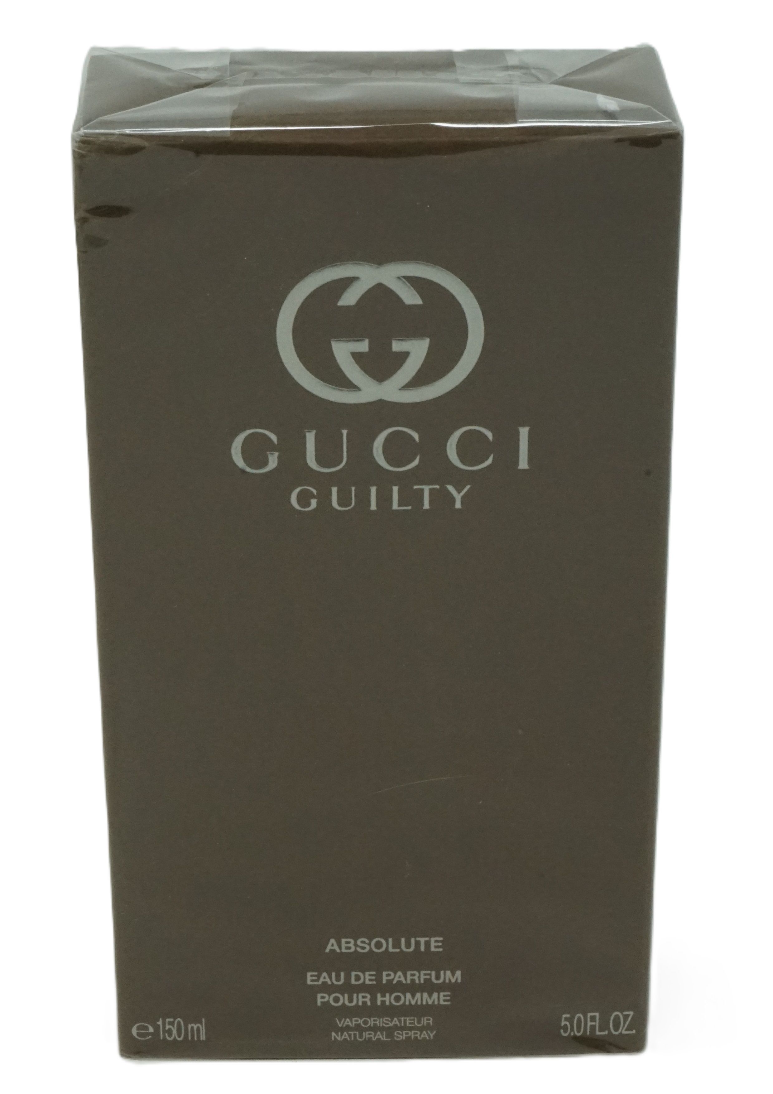 Gucci Guilty Absolute Pour Homme Eau De Parfum. Flakon in brauner Verpackung. Logo und Produktbezeichnung.