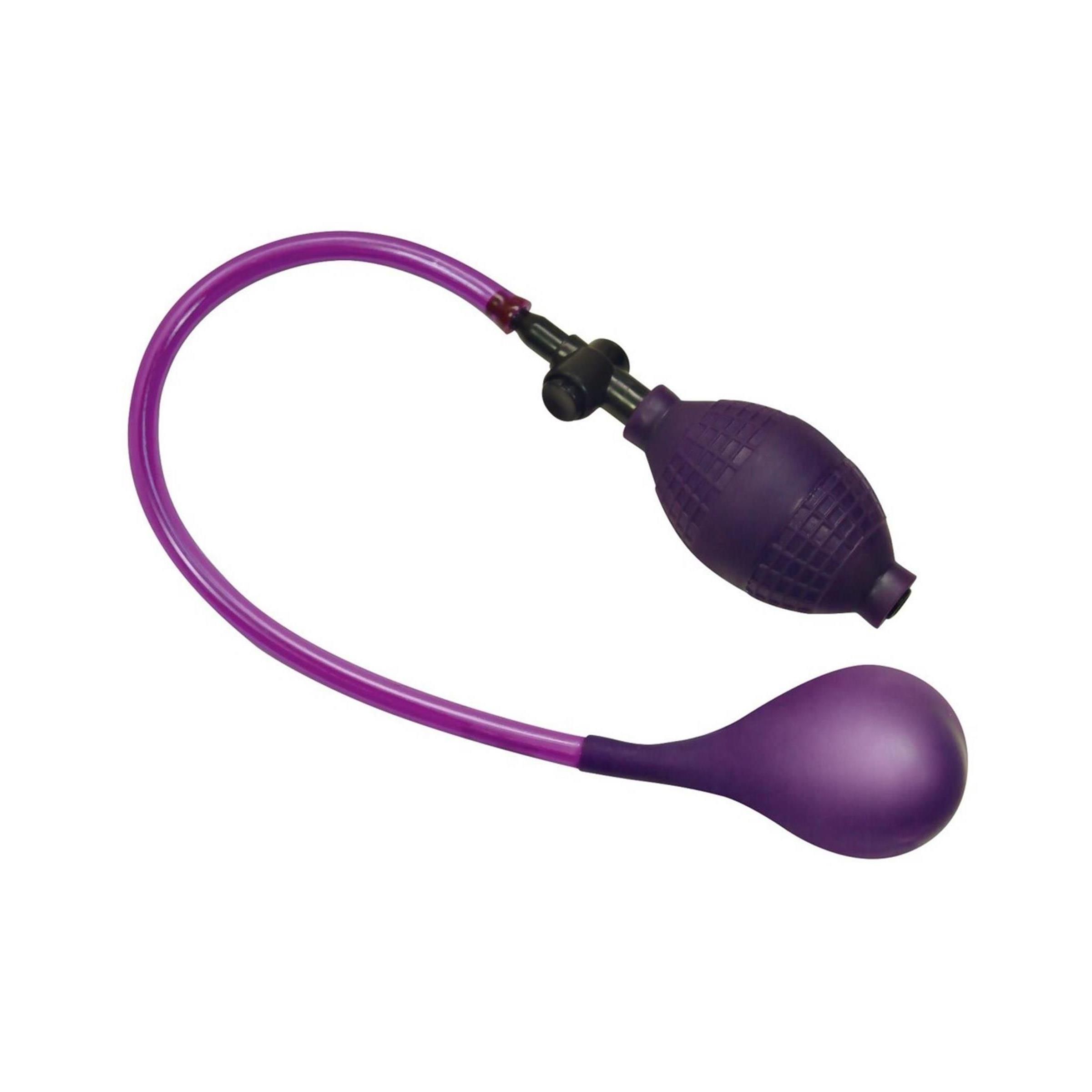 Aufblasbarer Analplug mit Handpumpe, lila. Besteht aus einem Plug, einem Schlauch und einer Pumpe.