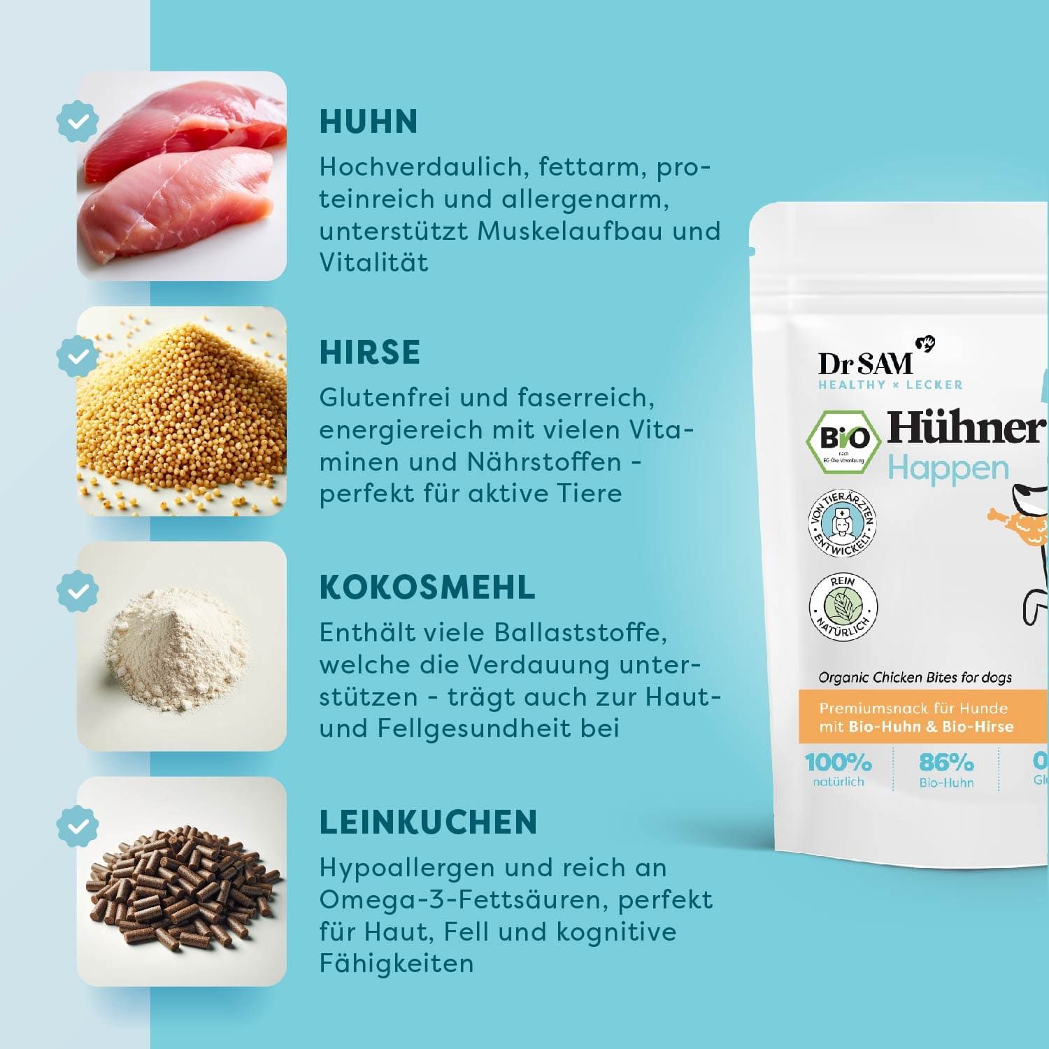 Dr. SAM Bio Hühner Happen Verpackung neben Zutaten: Huhn, Hirse, Kokosmehl, Leinkuchen. Textinformationen zu den Inhaltsstoffen.