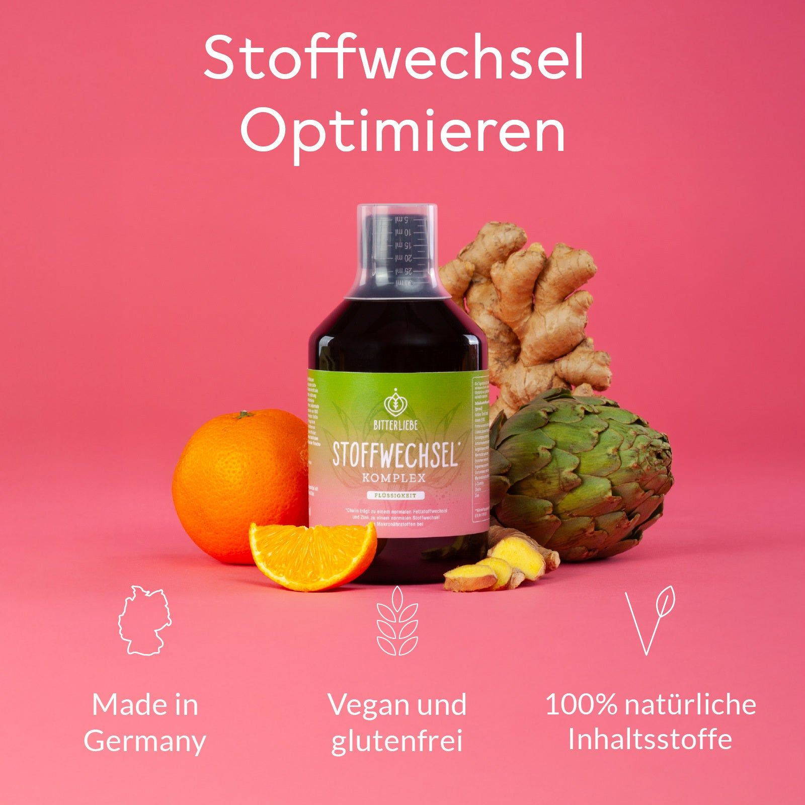 Flasche BitterLiebe Stoffwechsel Komplex mit Orange, Ingwer und Artischocke. Vegan und glutenfrei. Hergestellt in Deutschland.