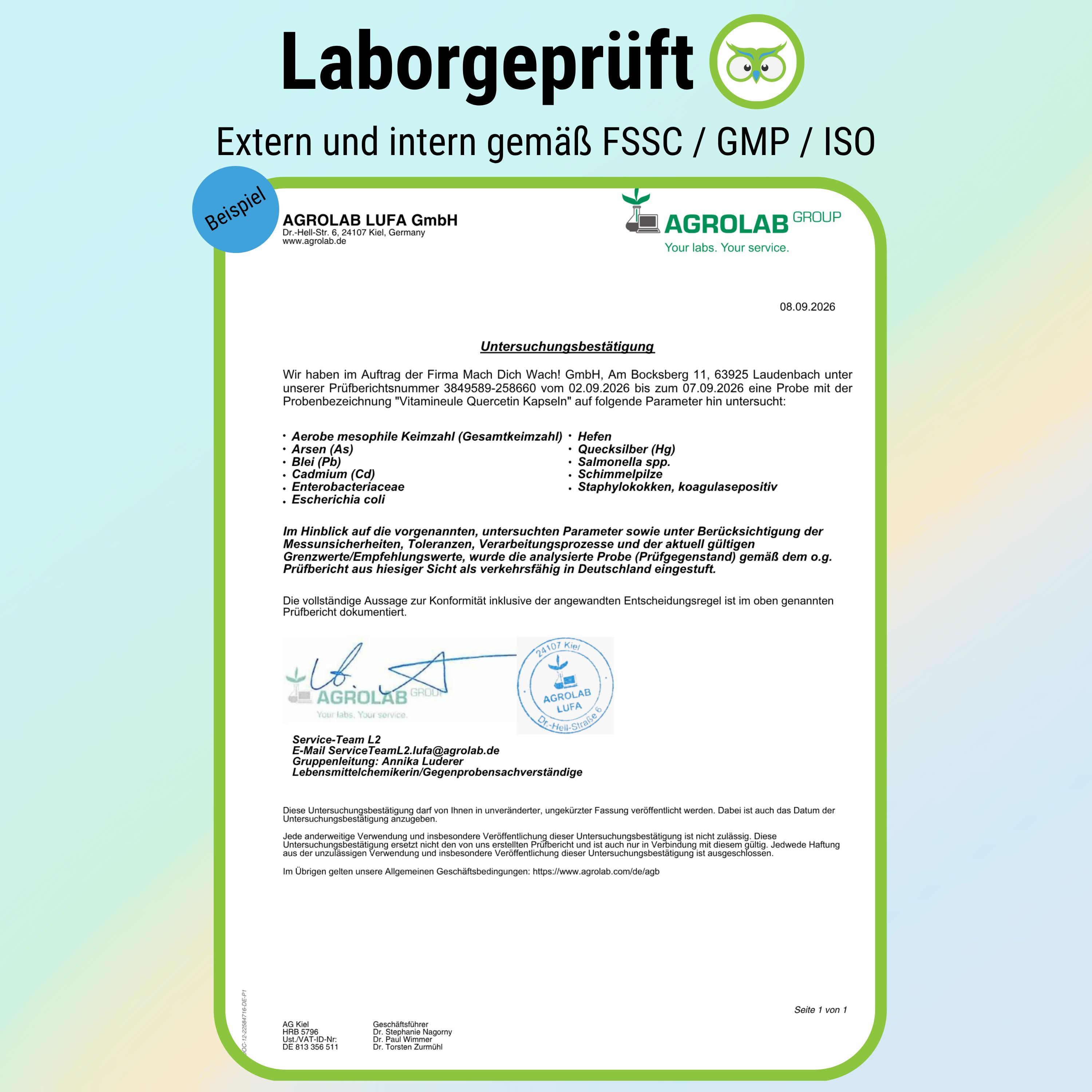 Beispiel einer externen Laboruntersuchungsbestätigung für Vitamineule Quercetin Kapseln, ausgestellt von Agrolab.