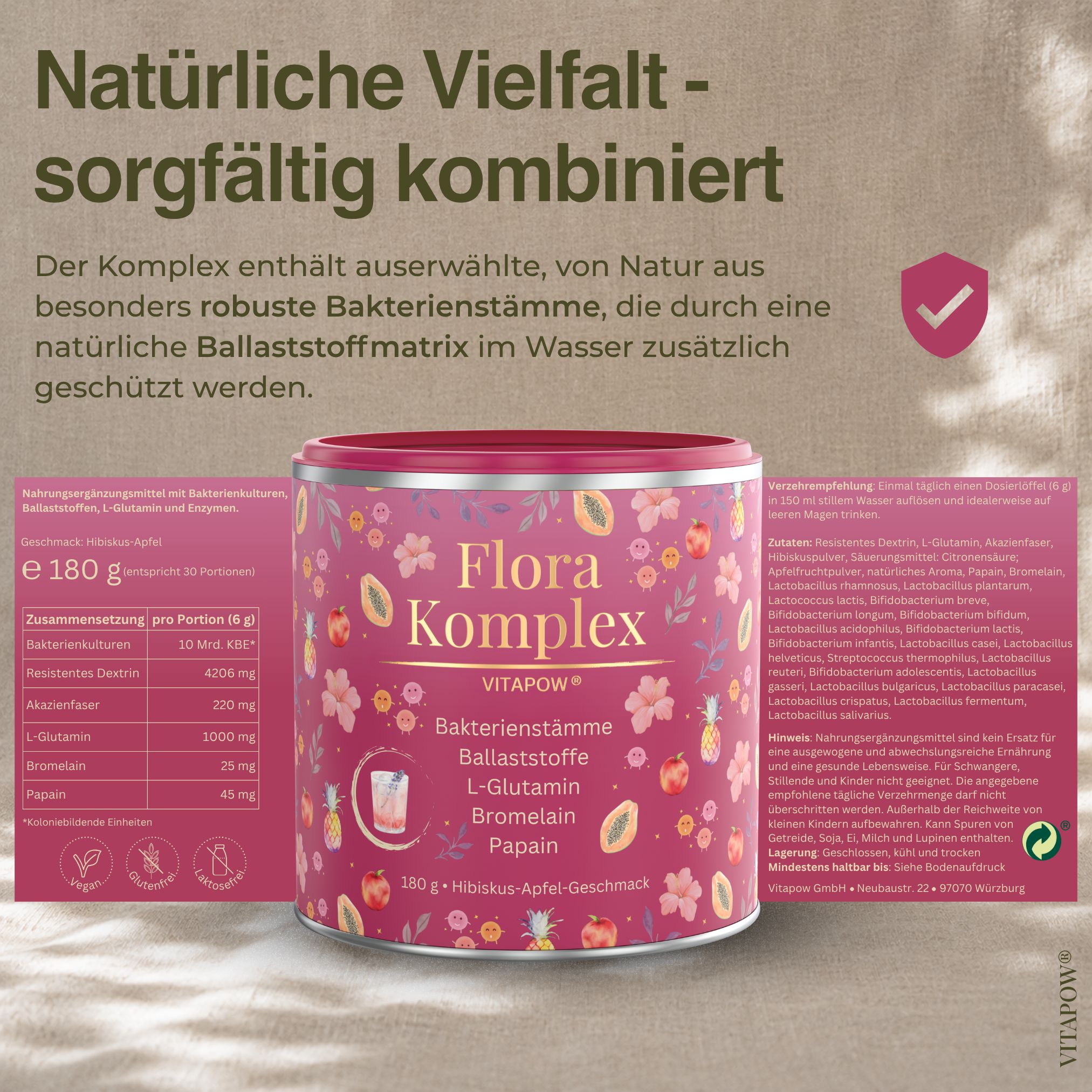 Dose Vitapow Flora Komplex mit Hibiskus-Apfel-Geschmack. Links eine Tabelle mit Nährwerten. Rechts daneben ein Siegel mit Häkchen.