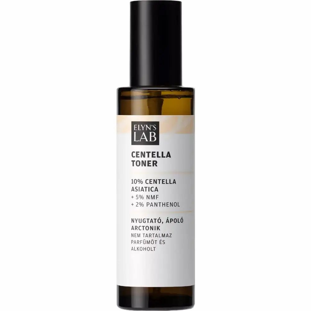 Braune Flasche mit schwarzem Deckel. Aufschrift: ELYN'S LAB Centella Toner. Enthält 10% Centella Asiatica, 5% NMF, 2% Panthenol.