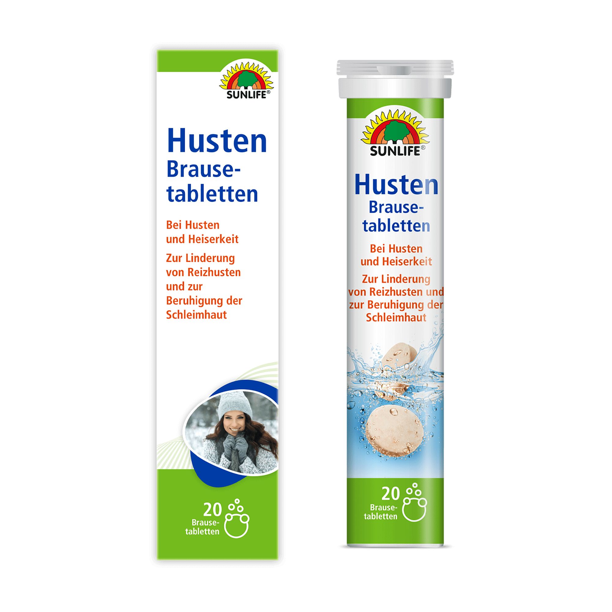 Packung Husten Brausetabletten mit 20 Tabletten und eine Dose mit Tabletten. SUNLIFE-Logo und Produktinformationen sind sichtbar.