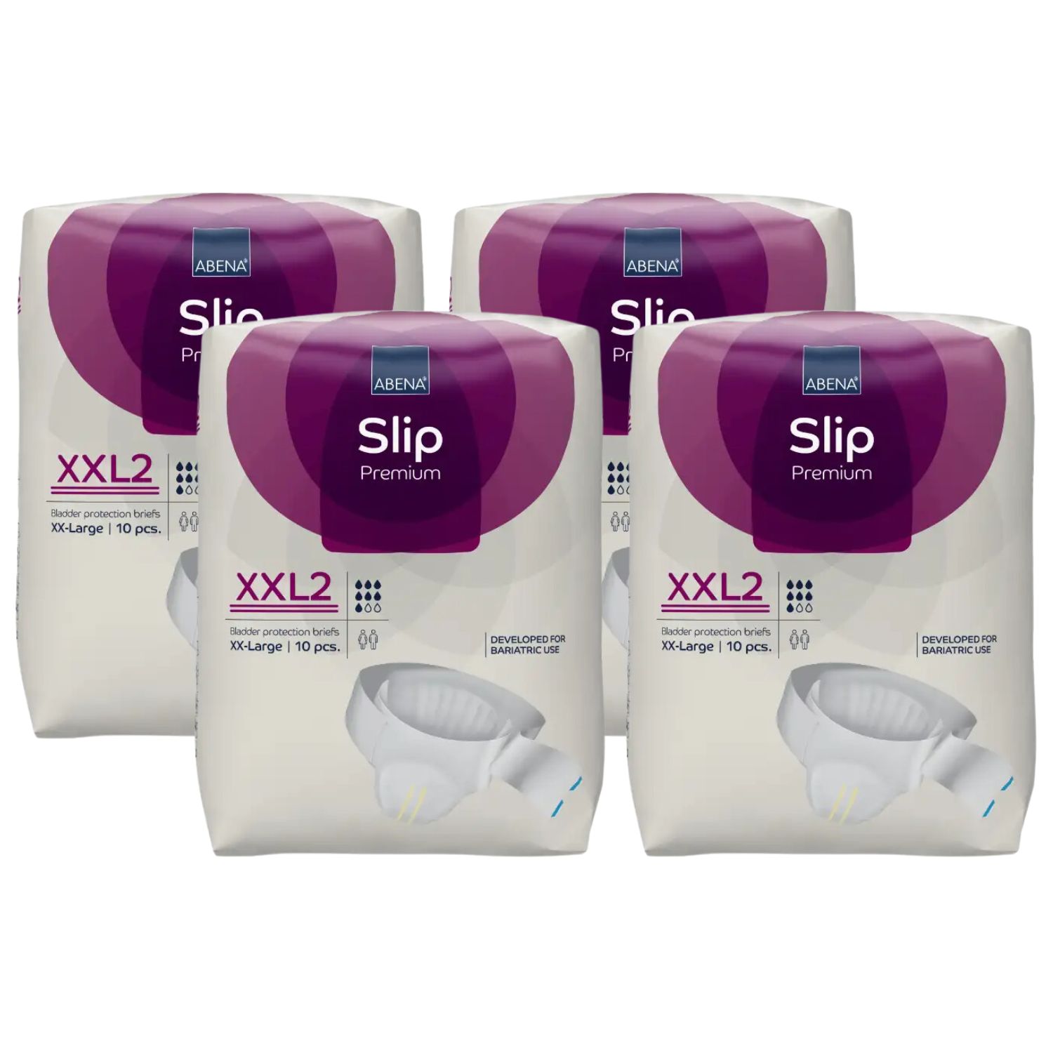 Vier Packungen ABENA Slip XXL2 Bariatric. Jede Packung zeigt das Produkt, die Marke und die Größe. Die Verpackung ist weiß mit lila Akzenten.