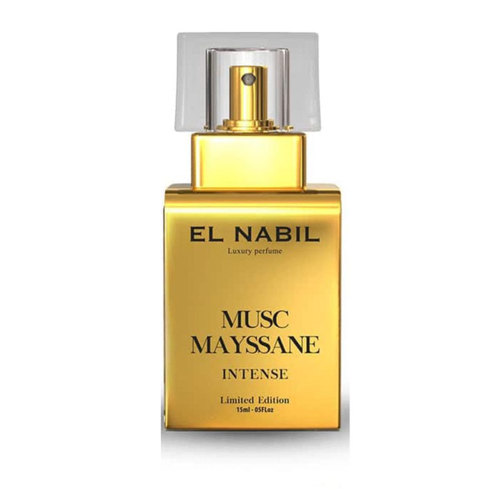 Goldfarbener Flakon mit Sprühkopf und durchsichtiger Kappe. Aufschrift: EL NABIL, MUSC MAYSSANE INTENSE, Limited Edition.