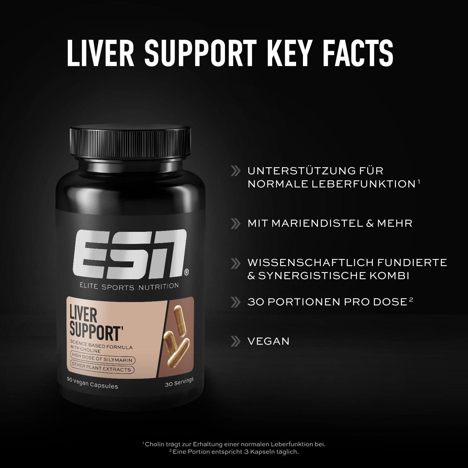 Text: LIVER SUPPORT KEY FACTS. Unterstützung für normale Leberfunktion. Mit Mariendistel & mehr. 30 Portionen pro Dosis. Vegan.