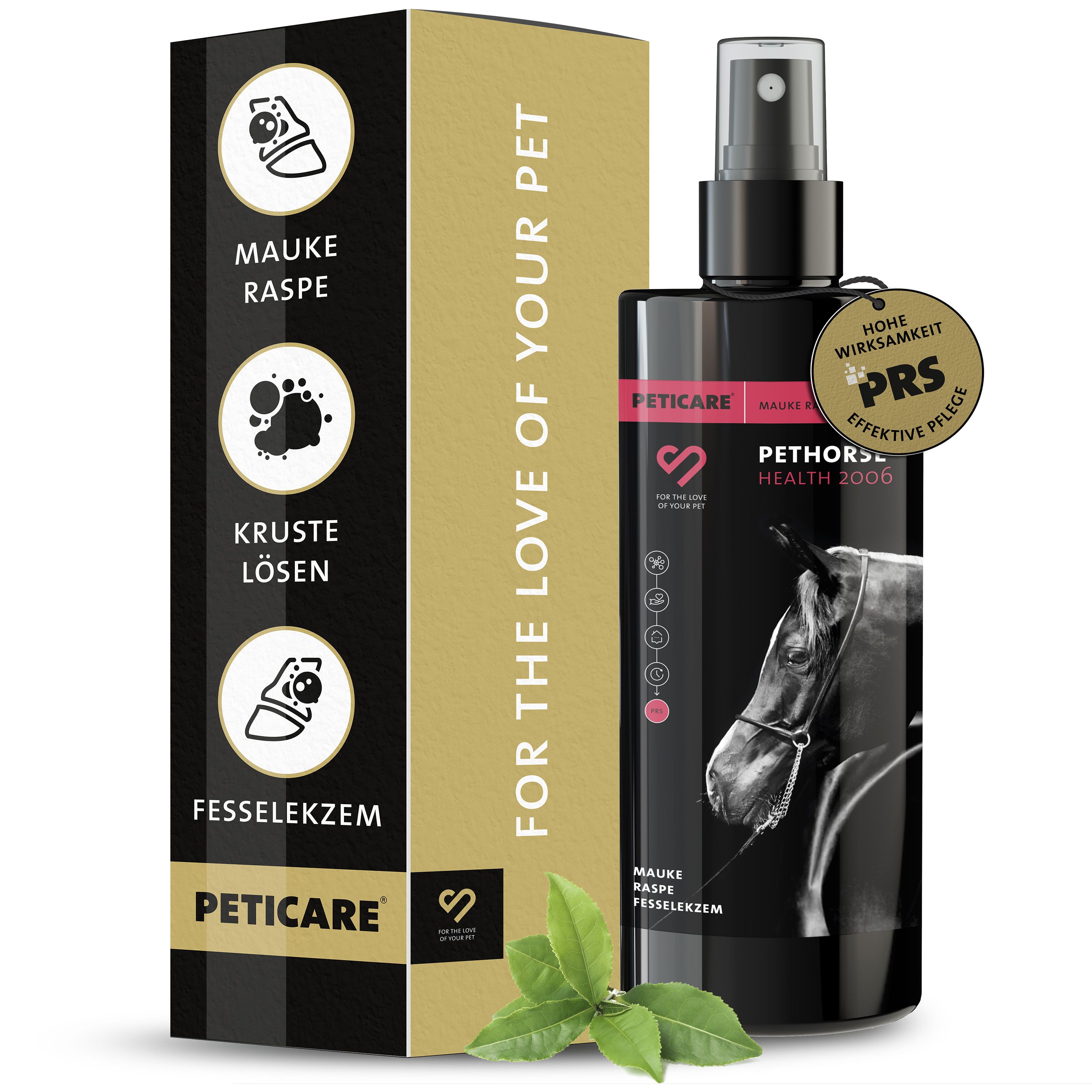 Peticare-Produktflasche und -Verpackung. Schwarze Flasche mit Sprühkopf. Verpackung mit Produktinformationen und Logos.