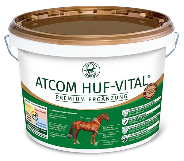 Eimer ATCOM HUF-VITAL. Brauner Deckel, weißer Behälter. Produktabbildung mit Pferdeillustration.