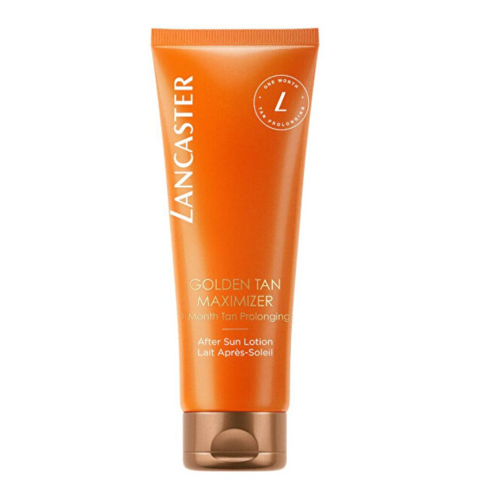 Orange Tube mit "Lancaster Golden Tan Maximizer". Text: After Sun Lotion. Mit kupferfarbenem Verschluss.