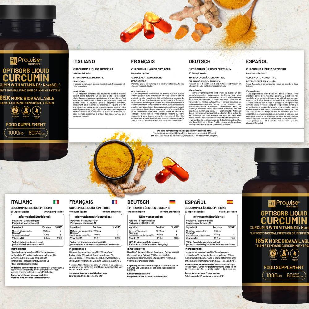 Flasche und Informationsblätter. Aufschrift: Prowise Healthcare, Optisorb Liquid Curcumin, Curcumin mit Vitamin D3. Texte in Deutsch, Französisch, Italienisch, Spanisch.