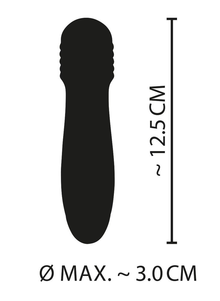 Abmessungen des Cuties Groove Mini Taschenvibrators: 12.5 cm Länge, 3.0 cm maximaler Durchmesser.