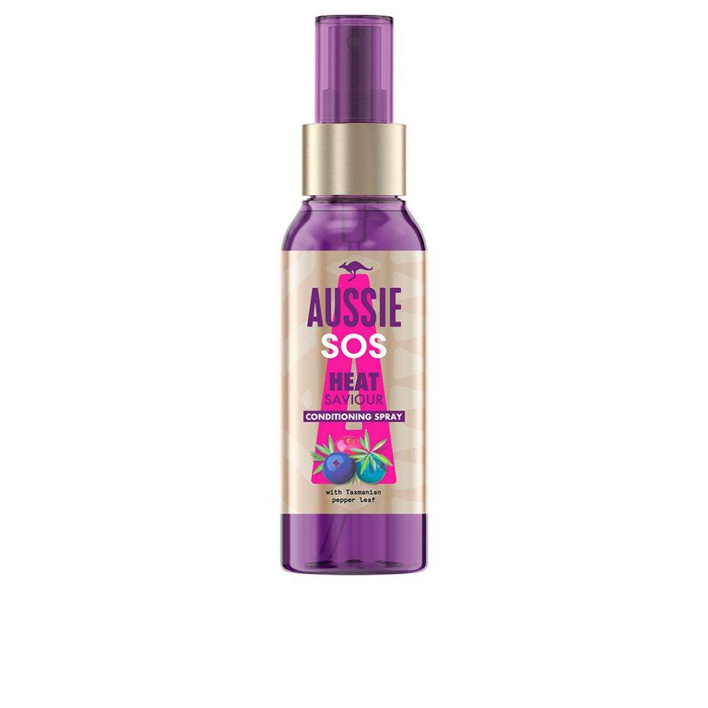 Lila Sprühflasche mit goldfarbenem Hals und Pumpspender. Etikett mit 'Aussie SOS Heat Saviour Conditioning Spray'.
