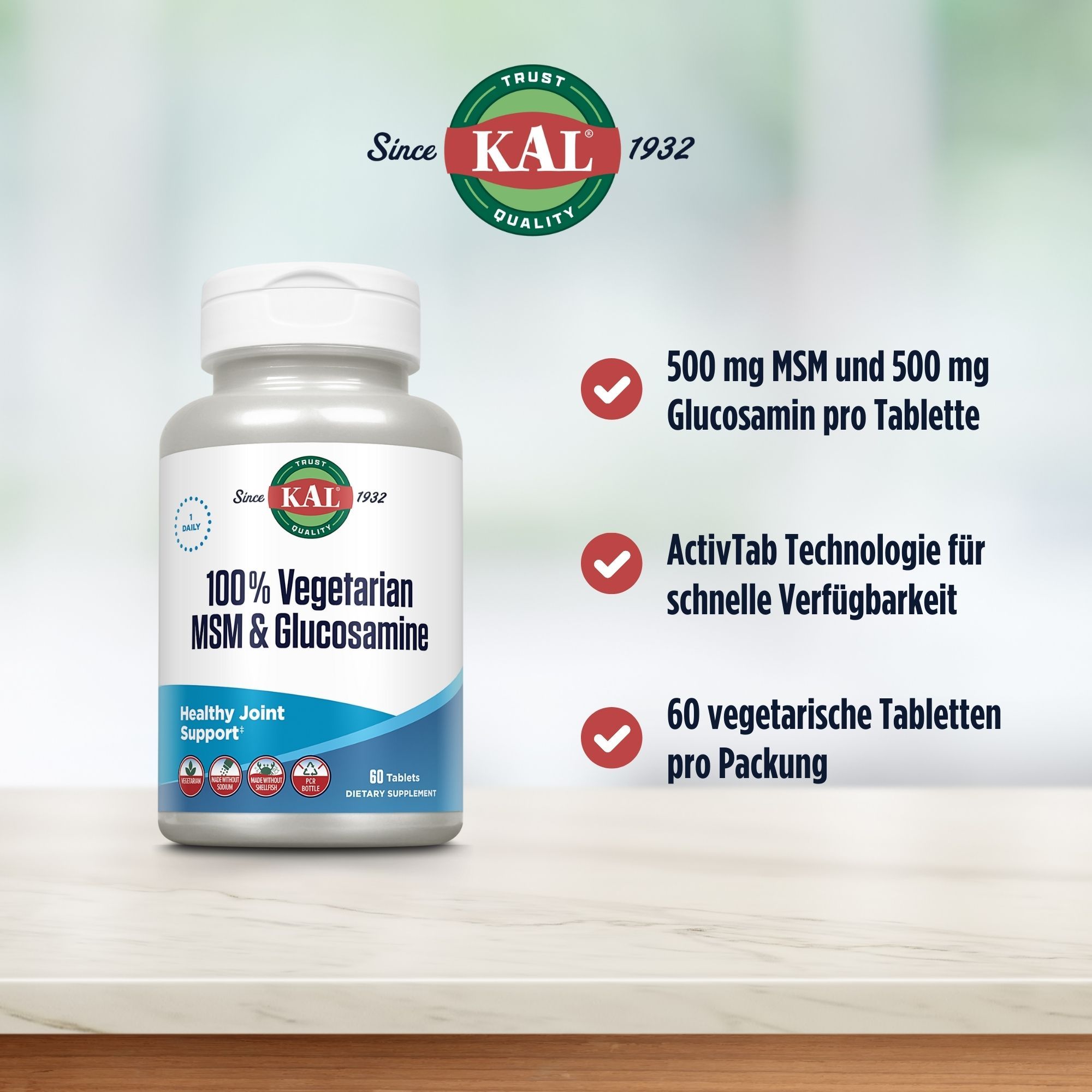 Eine Flasche KAL MSM & Glucosamin. Aufschrift: 100% vegetarisch. 60 Tabletten. 500mg MSM und Glucosamin.