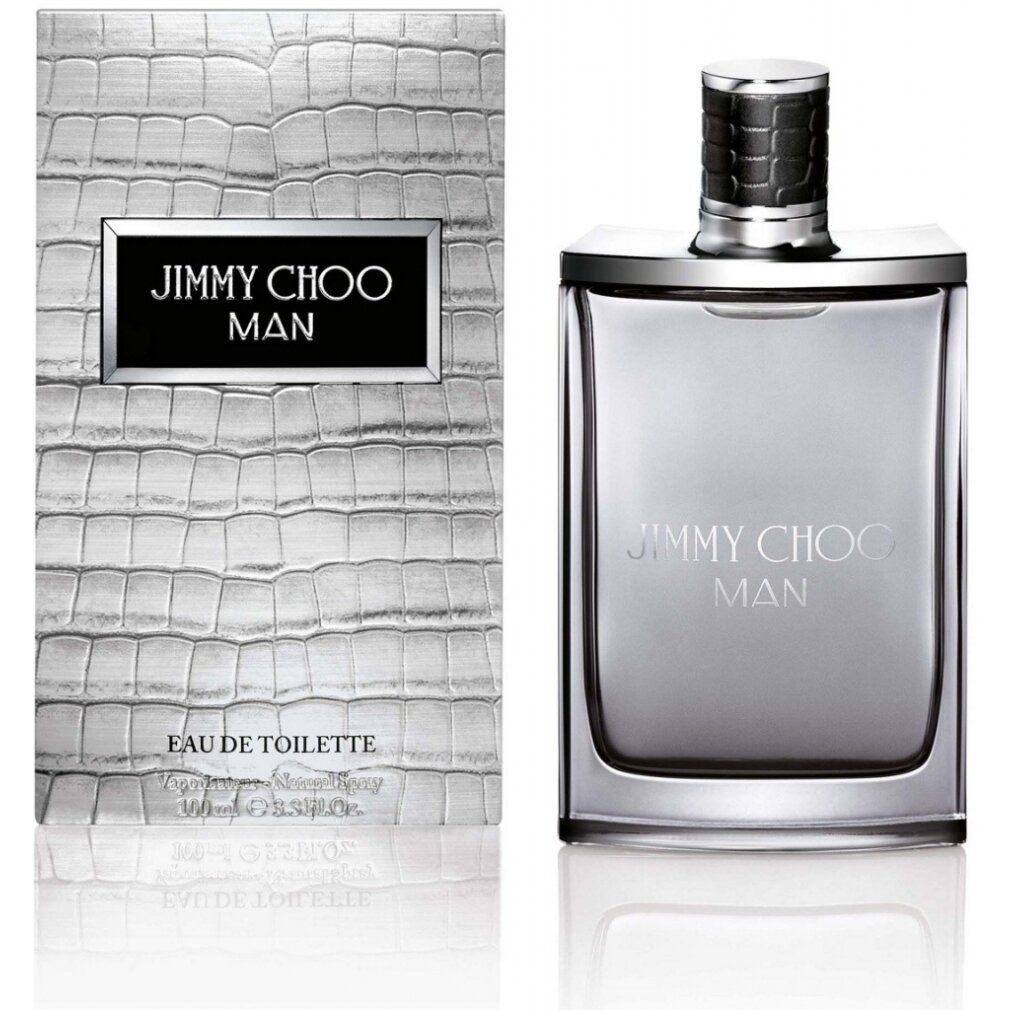 Graue Schachtel und Flakon. Auf der Schachtel steht „JIMMY CHOO MAN“ und „EAU DE TOILETTE“. Der Flakon ist grau mit silbernem Deckel.