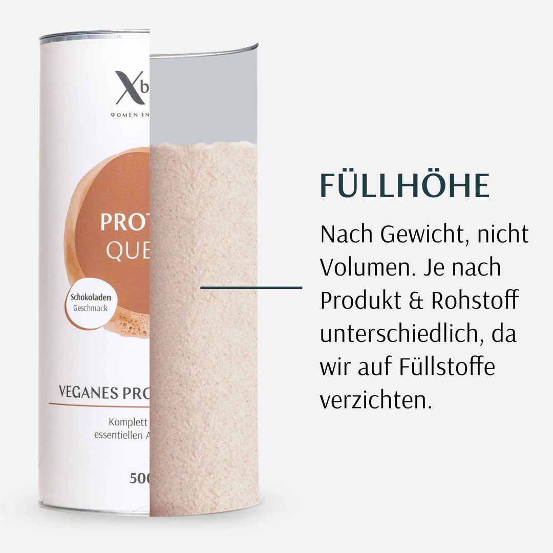 Dose mit Protein-Pulver, Ansicht des Inhalts. Text: 'Füllhöhe'. Erläuterung zur Füllmenge, da auf Füllstoffe verzichtet wird.