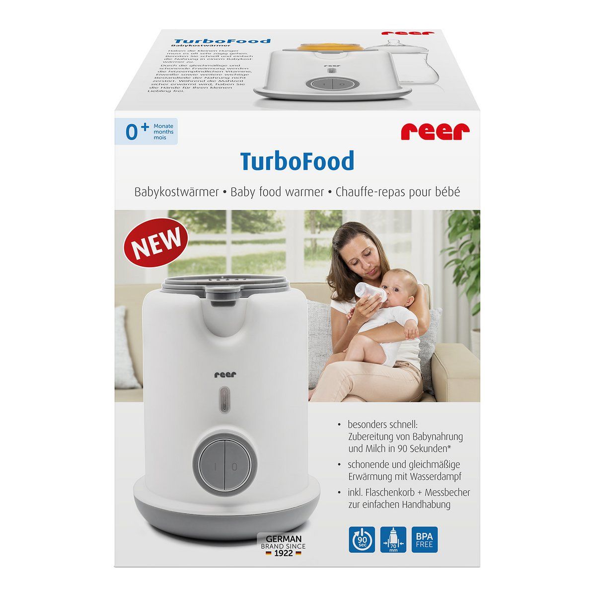 Verpackung des Babykostwärmers. Produktname: TurboFood. Marke: reer. Abbildung des Geräts und einer Mutter mit Baby.