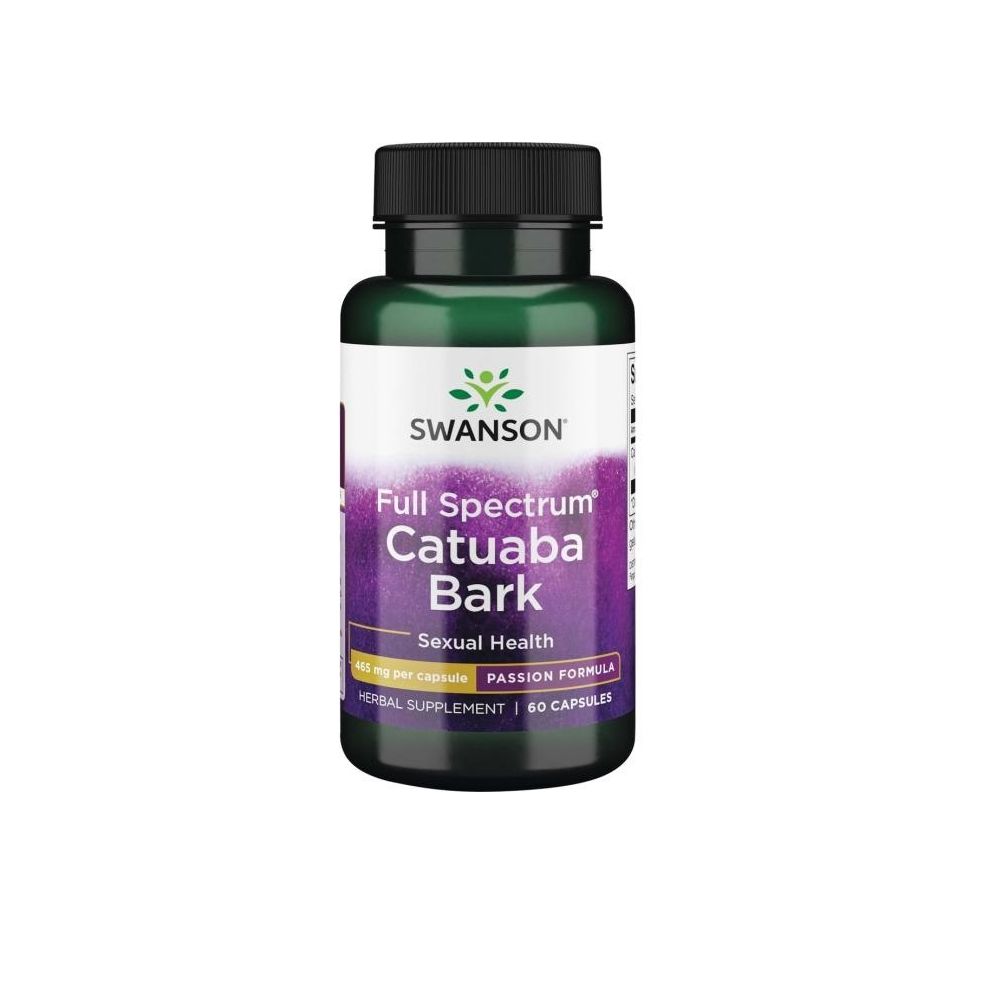 Grüne Flasche mit schwarzem Deckel. Aufschrift: SWANSON, Full Spectrum Catuaba Bark, Sexual Health, Herbal Supplement, 60 Capsules.