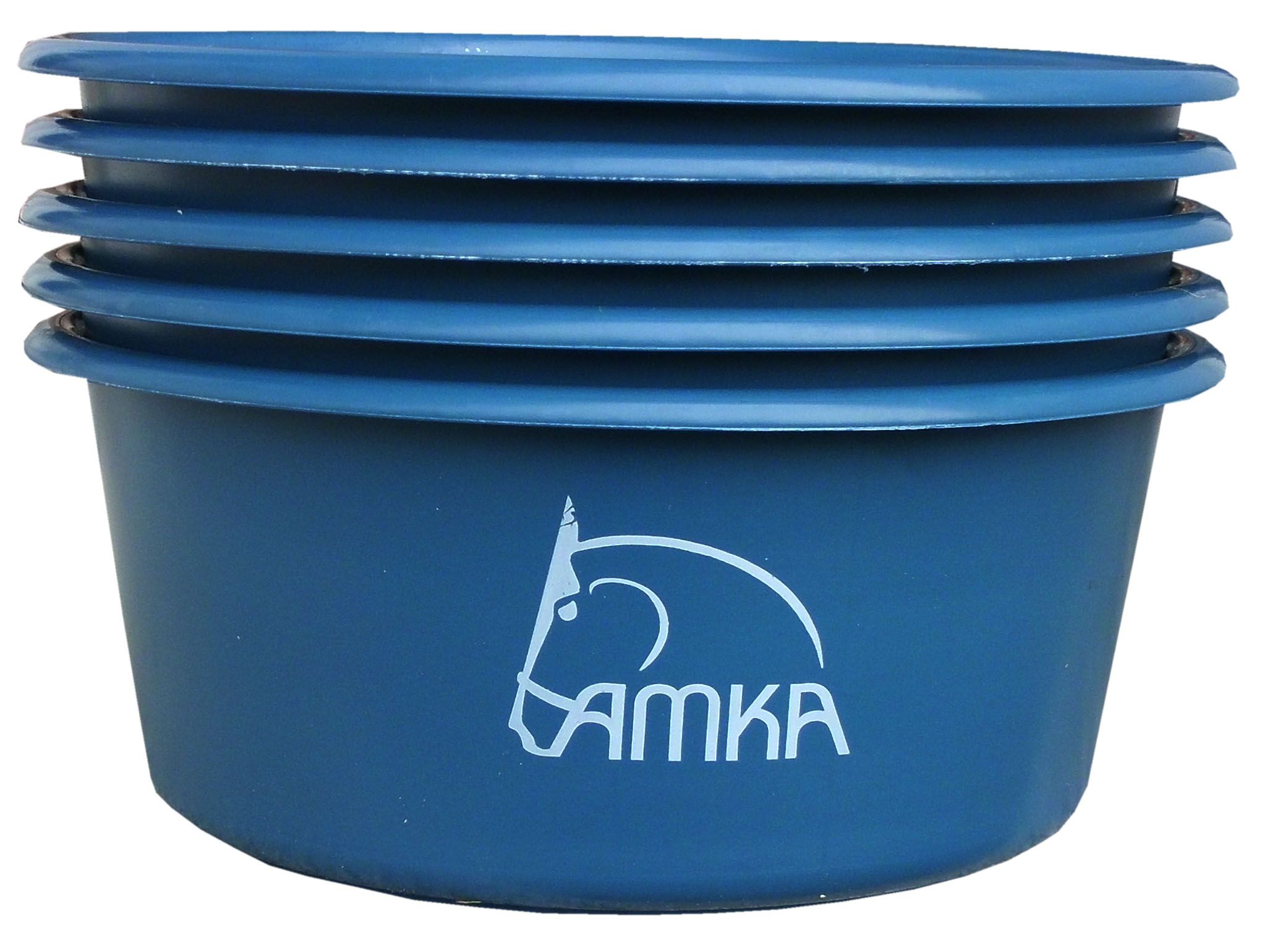 Violette Futterschalen, gestapelt. Logo AMKA mit Pferdekopf. Kunststoff.