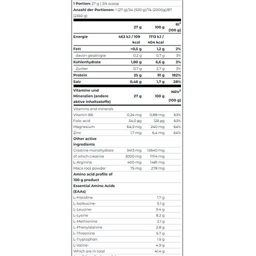 Nährwerttabelle von Scitec Anabolic Iso+ Hydro. Enthält Informationen zu Energie, Fett, Kohlenhydraten, Protein und Vitaminen.