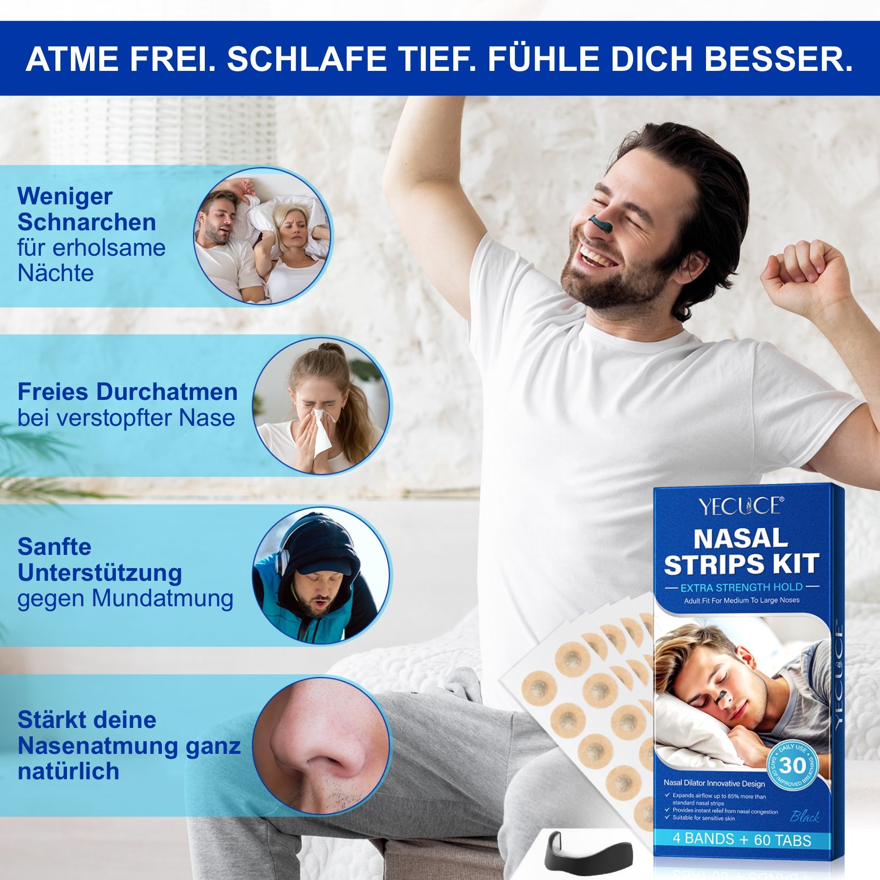 Mann steht auf und lächelt. Produktabbildung mit Nasenstrips und Tabs. Text: Weniger Schnarchen, freies Durchatmen, sanfte Unterstützung.