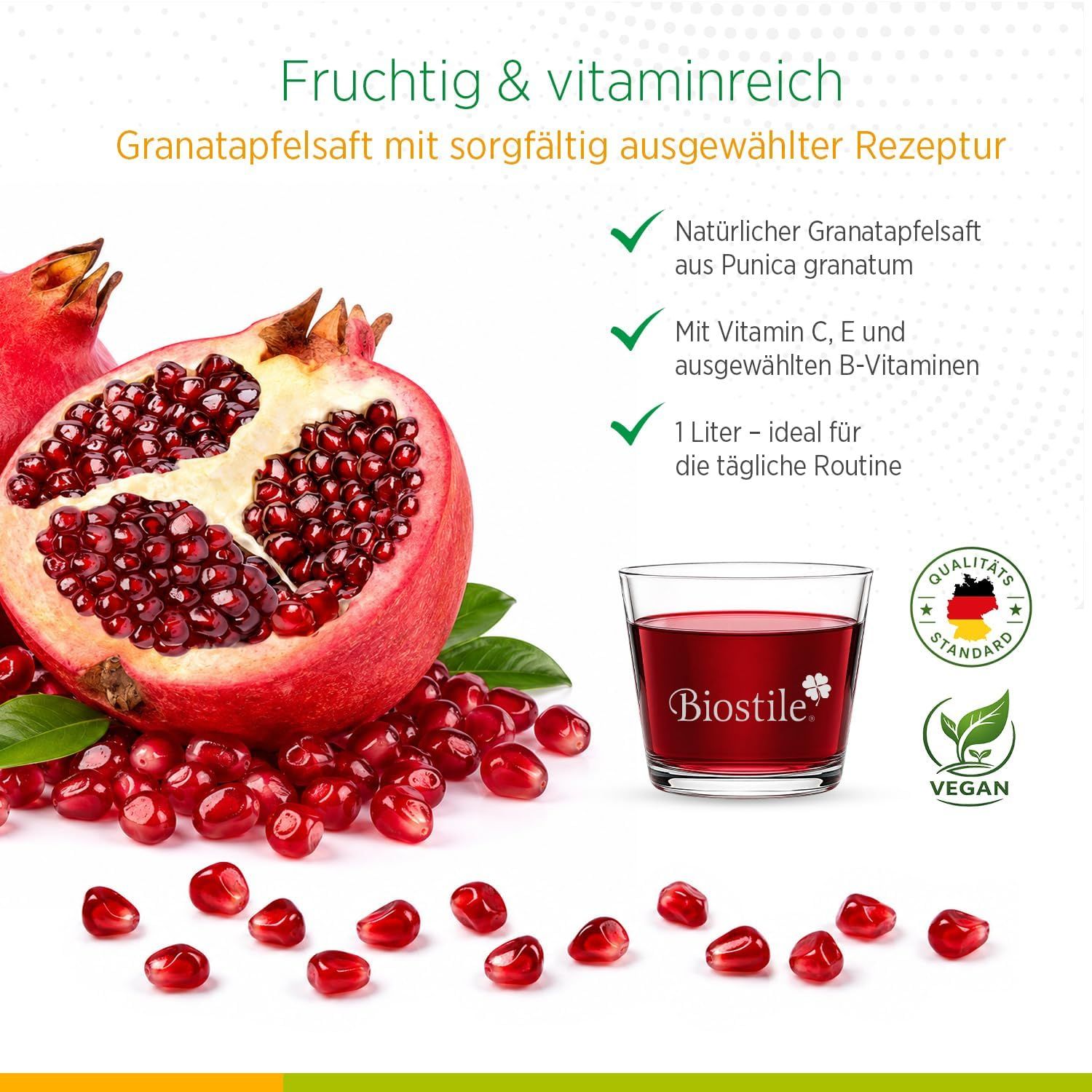 Biostile Granatapfelsaft, 1 Liter. Mit Vitaminen C, E und B-Vitaminen. Vegan.