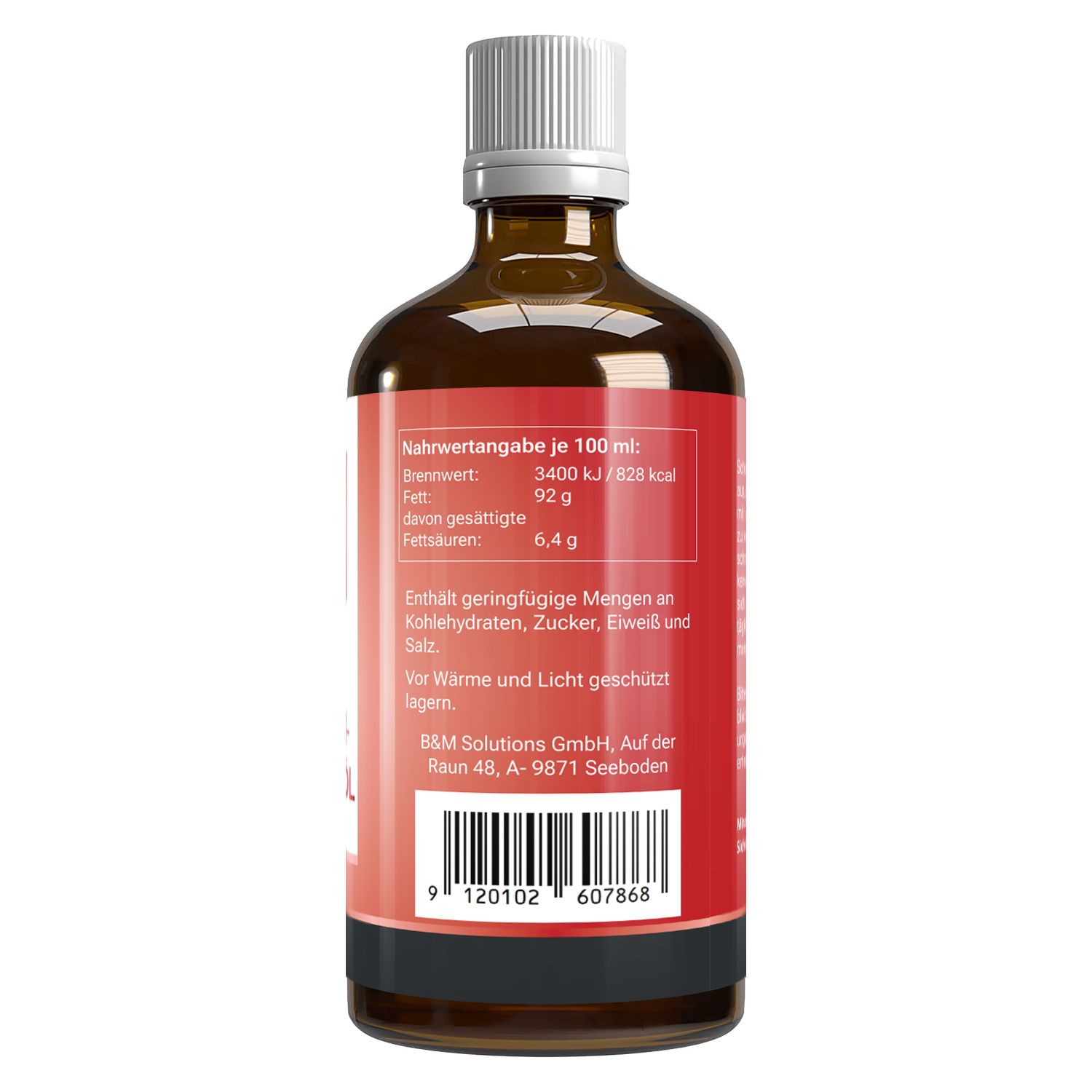 Braune Glasflasche mit weißem Deckel und rotem Etikett. Nährwertangaben und Barcode auf dem Etikett. Rückansicht.