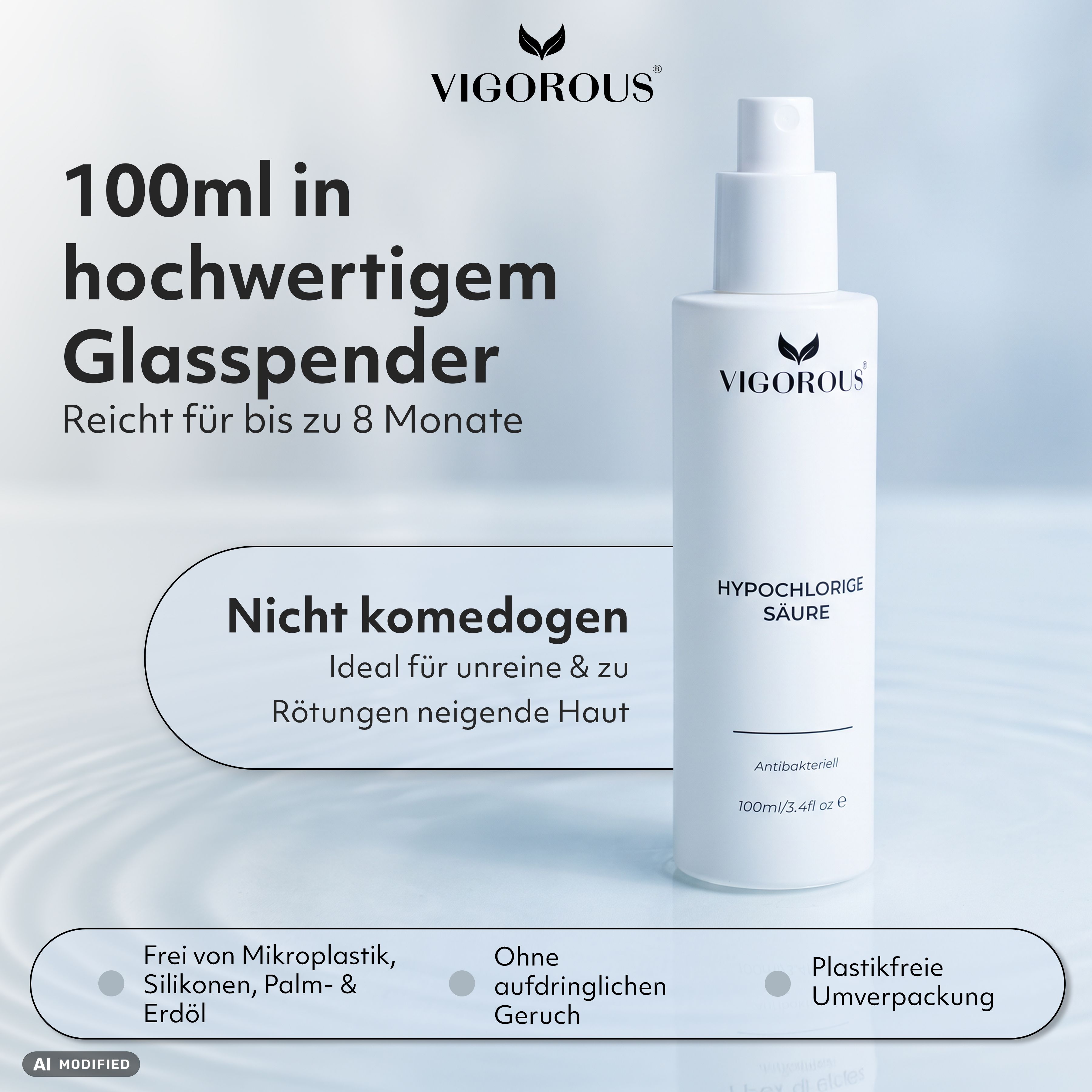 Vigorous Hypochlorous Säure Spray in weißem Glas Spender, 100ml.