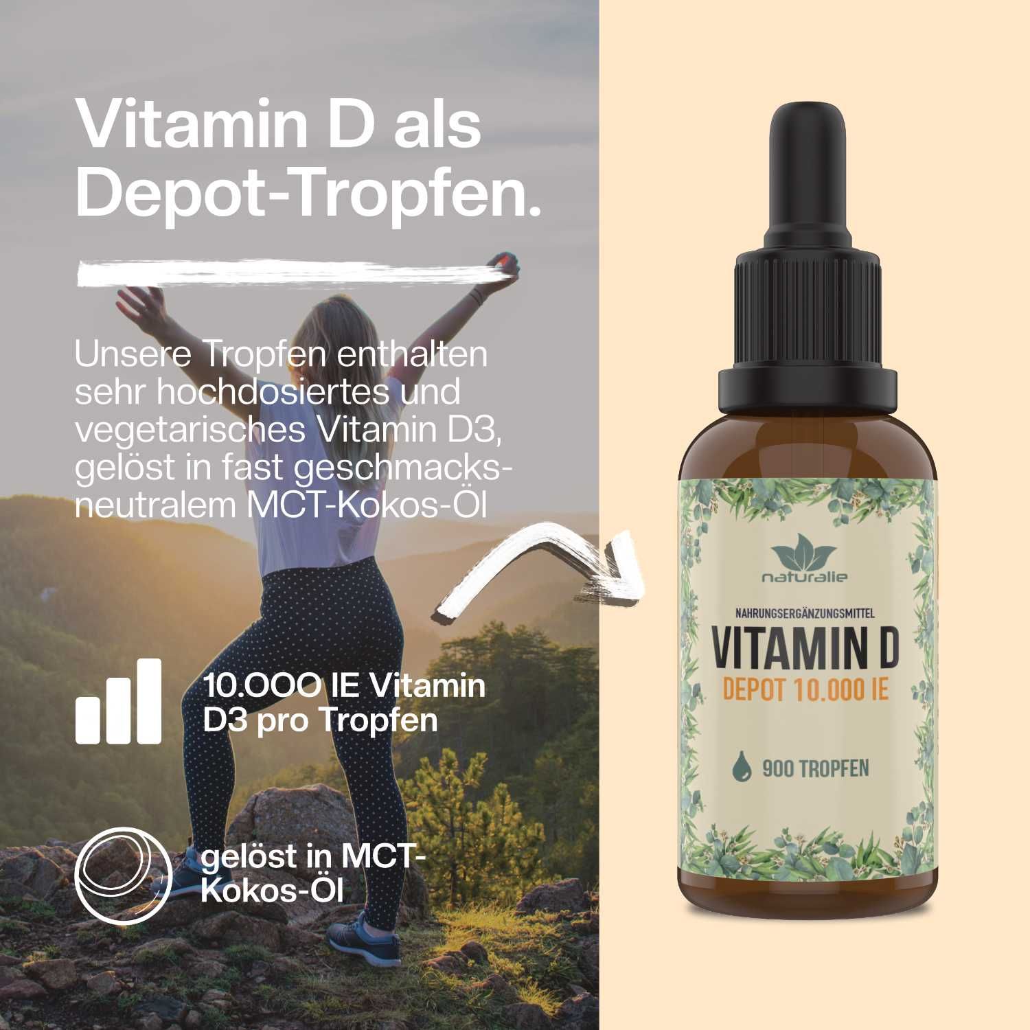 Braune Glasflasche mit Pipette, beschriftet mit 'Vitamin D Depot 10.000 IE'. Frau mit erhobenen Armen im Freien.