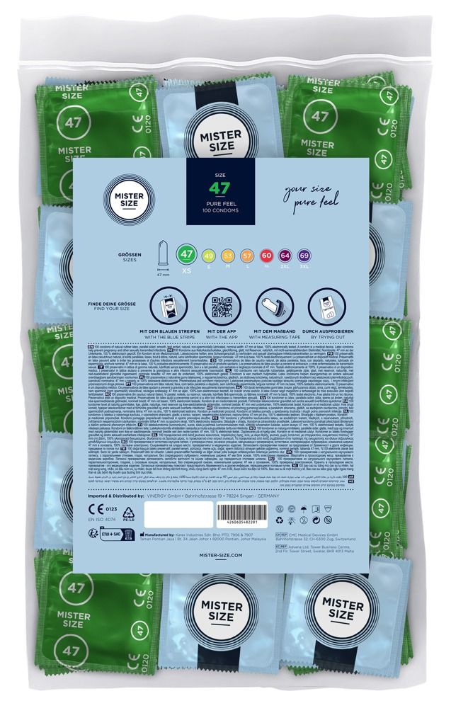 Verpackung mit Kondomen. Einzelne Kondome in Grün und Blau. Aufdruck: Mister Size 47.