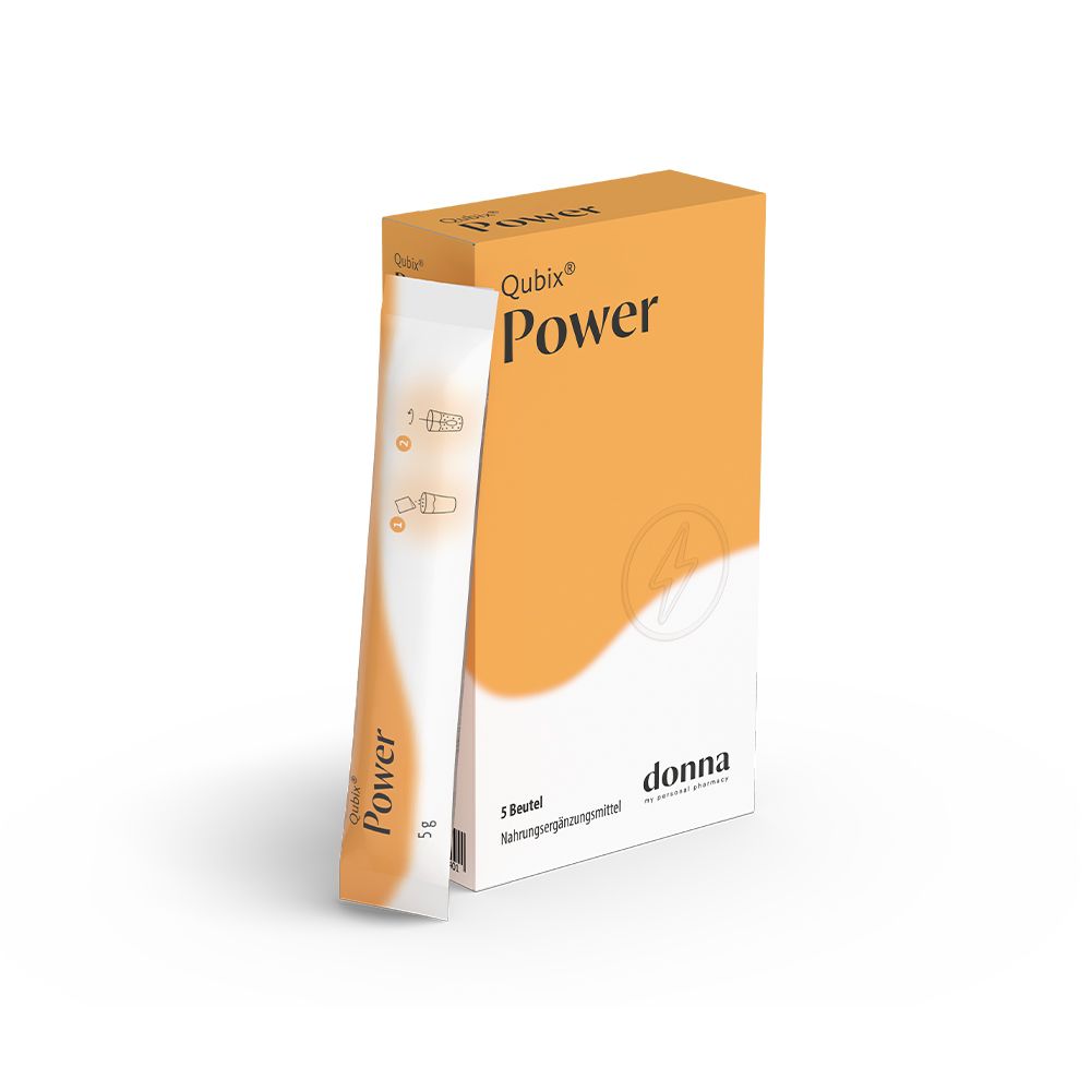 Qubix Power-Schachtel und Beutel. Schachtel orange mit weißer Schrift. Beutel weiß-gelb. Aufschrift Power.