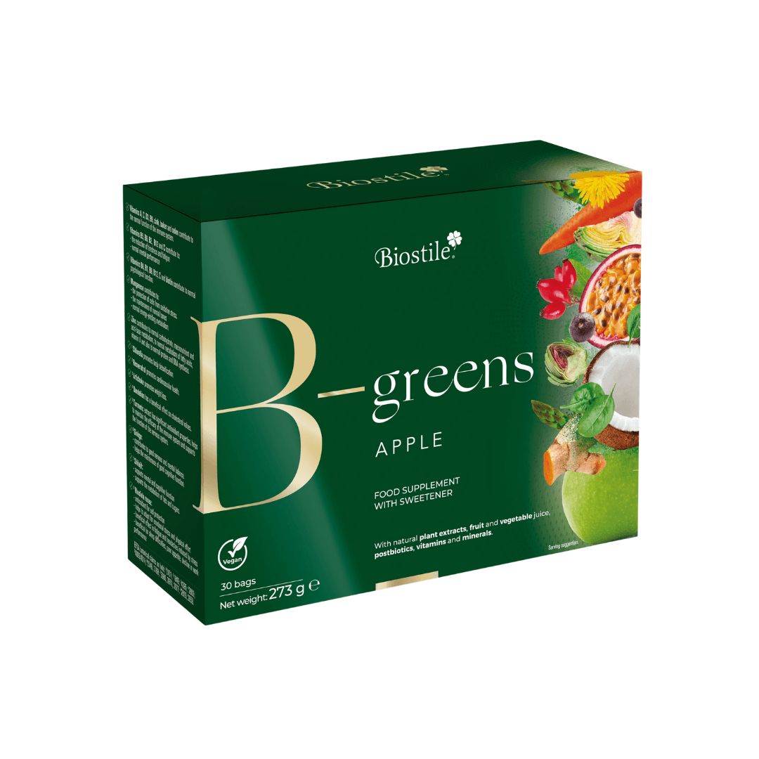 Grüne Schachtel mit "B-greens" und Apfel-Abbildung. Text: "Food Supplement".