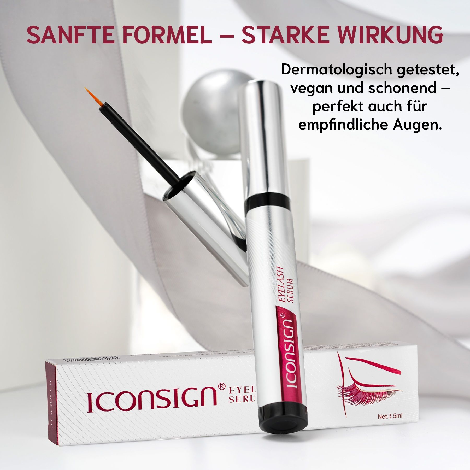 Flasche und Verpackung. Text: Sanfte Formel - Starke Wirkung. Dermatologisch getestet, vegan und schonend.