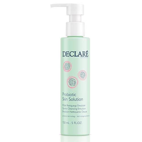 Grüne Flasche mit Pumpe. Aufschrift: DECLARÉ, Probiotic Skin Solution, Milde Reinigungs Emulsion. 150 ml.