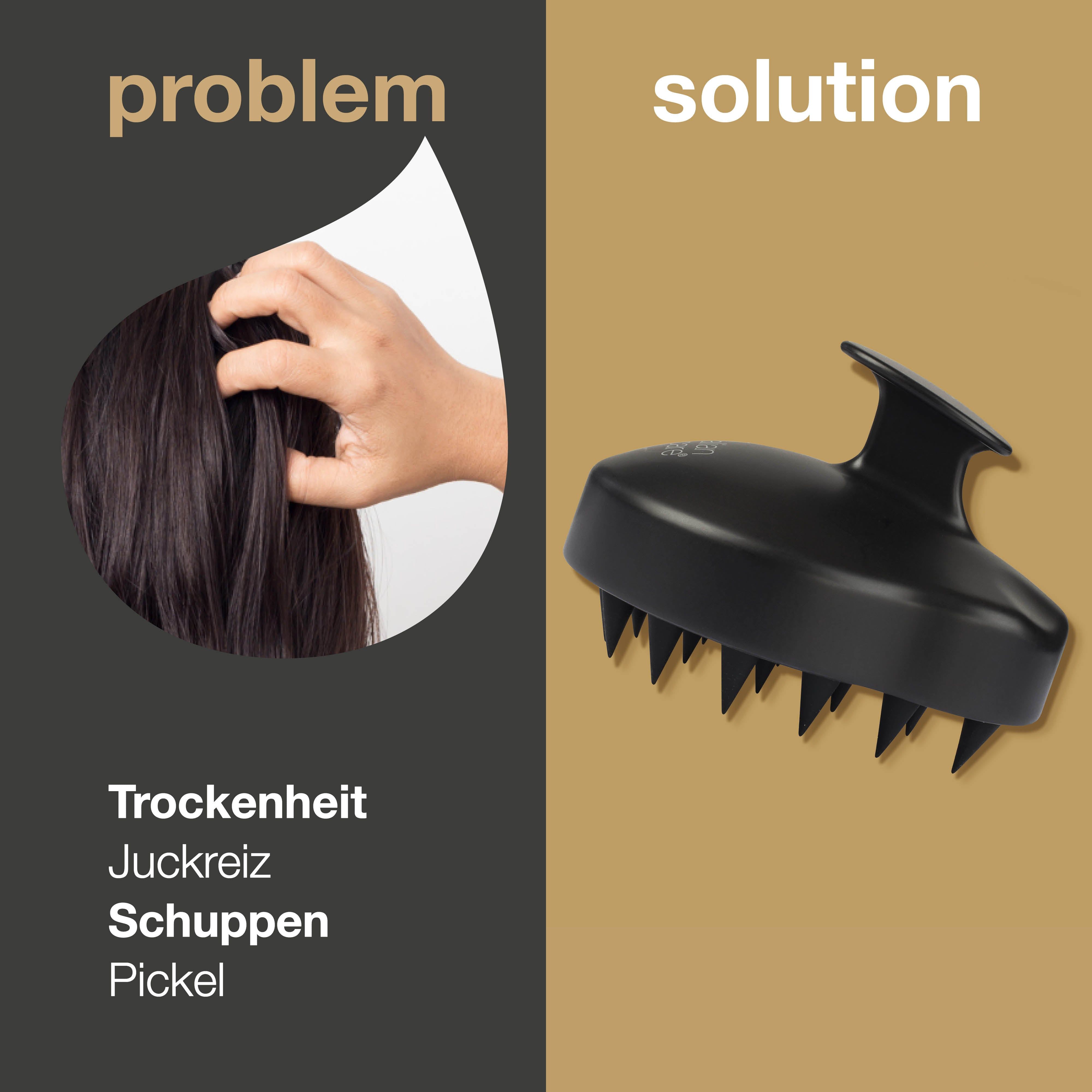 Grafik: Problem und Lösung. Links: Hand berührt Kopfhaut. Rechts: Kopfmassagebürste. Text: Trockenheit, Juckreiz, Schuppen, Pickel.