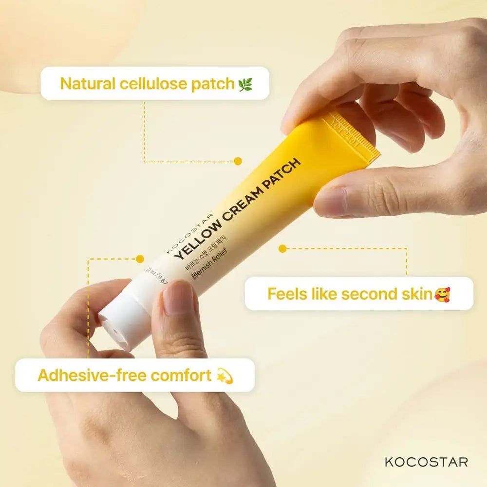 Gelbe Tube mit KOCOSTAR Yellow Cream Patch. Hände halten die Tube. Text: Adhesive-free comfort, Feels like second skin.