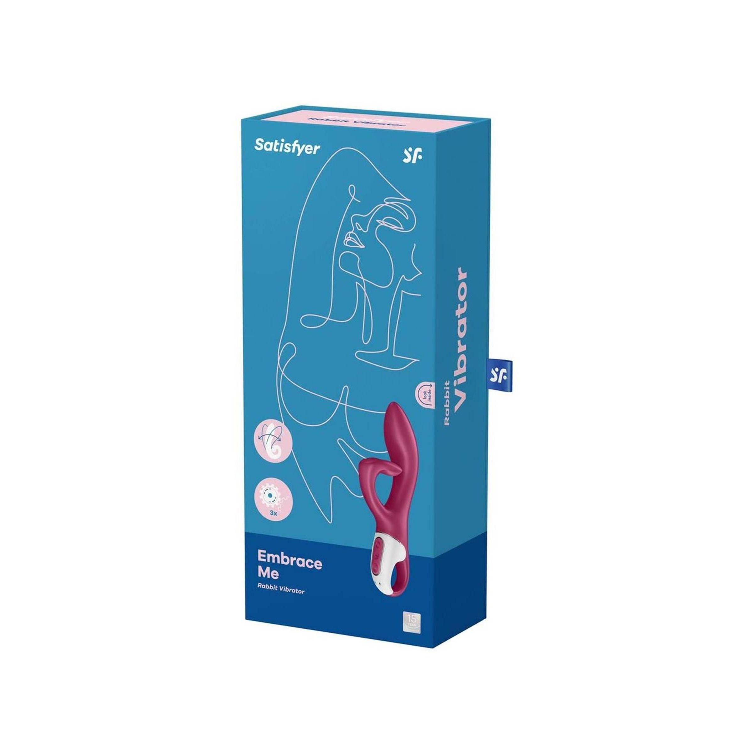 Verpackung für einen pinkfarbenen Hasen-Vibrator mit der Aufschrift 'Embrace Me'.
