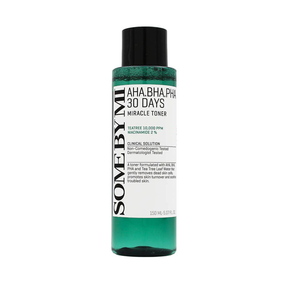 Grüne Flasche mit schwarzem Deckel. Text: AHA-BHA-PHA 30 DAYS MIRACLE TONER. Marke SOME BY MI. 150 ml.