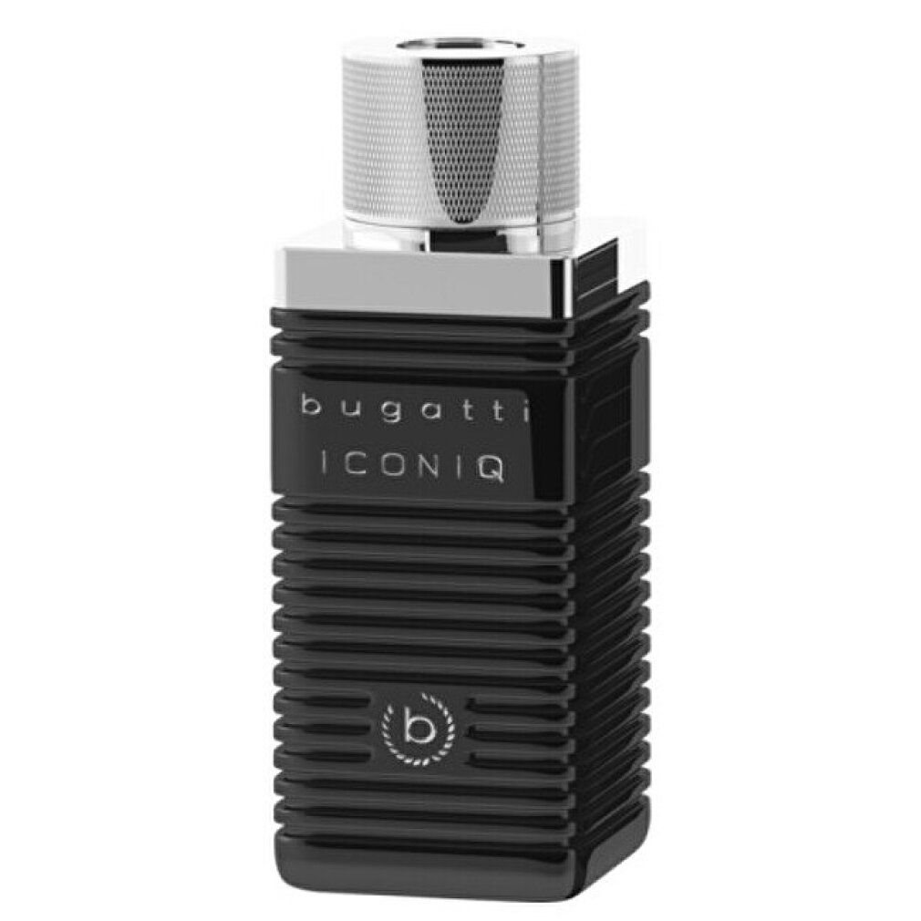 Bugatti Iconiq Black EdT. Schwarzer Flakon mit silbernem Deckel. Schriftzug Iconiq.