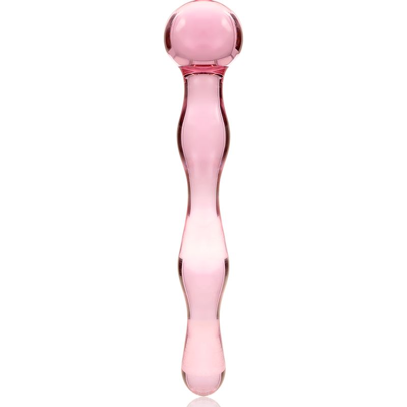 Rosa Dildo aus Borosilikatglas. Kugel am oberen Ende, länglicher Schaft mit Verdickungen. Auf weißem Hintergrund.