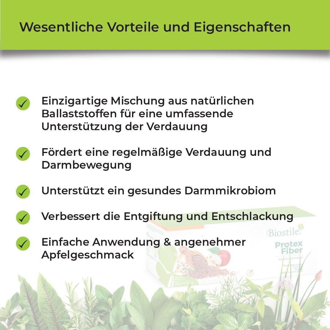 Vorteile von Biostile Protex Fiber: natürliche Ballaststoffe, Verdauung, Darmgesundheit.