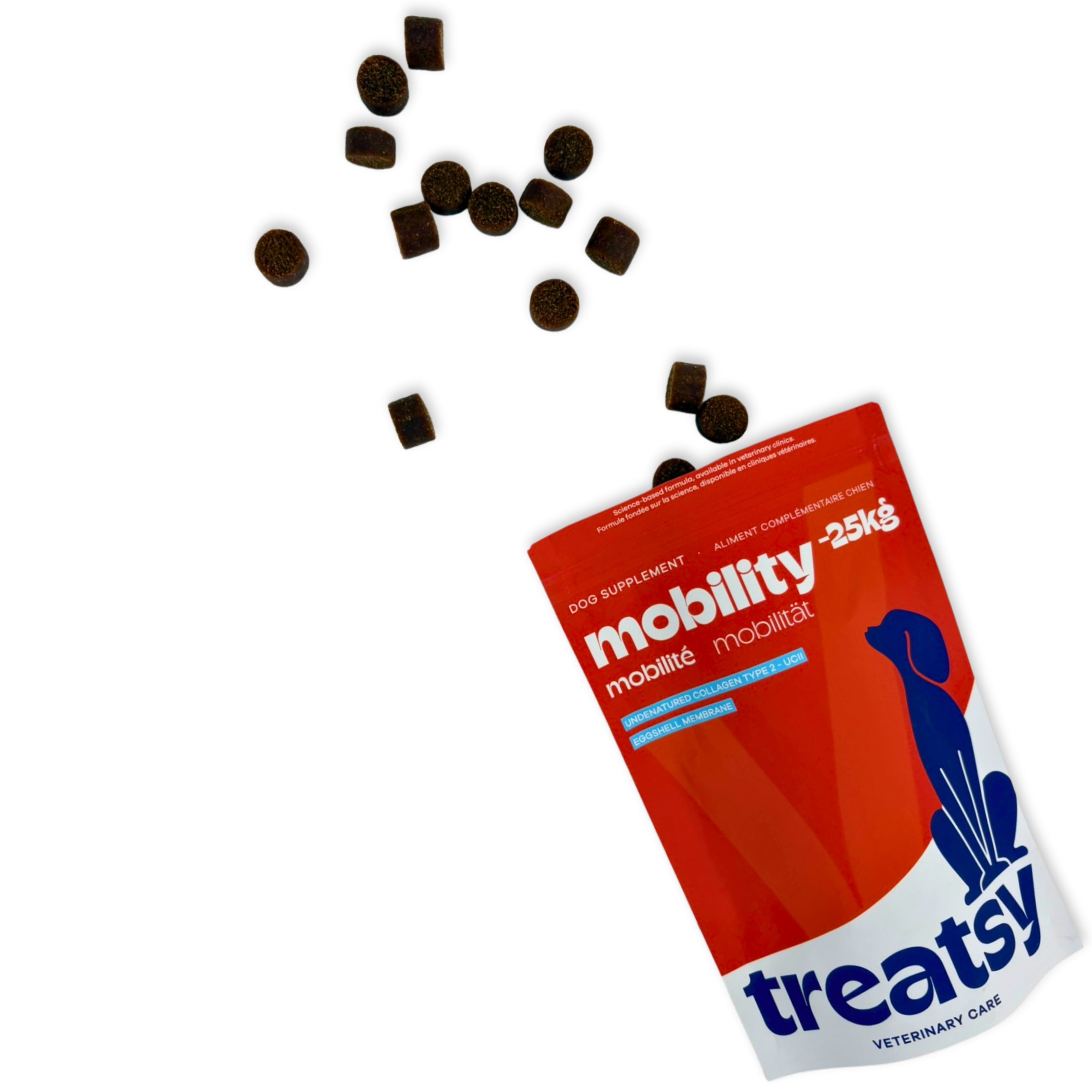 Braune, runde Tabletten fallen aus einer roten Tüte mit „mobility“ und „Treatsy“.