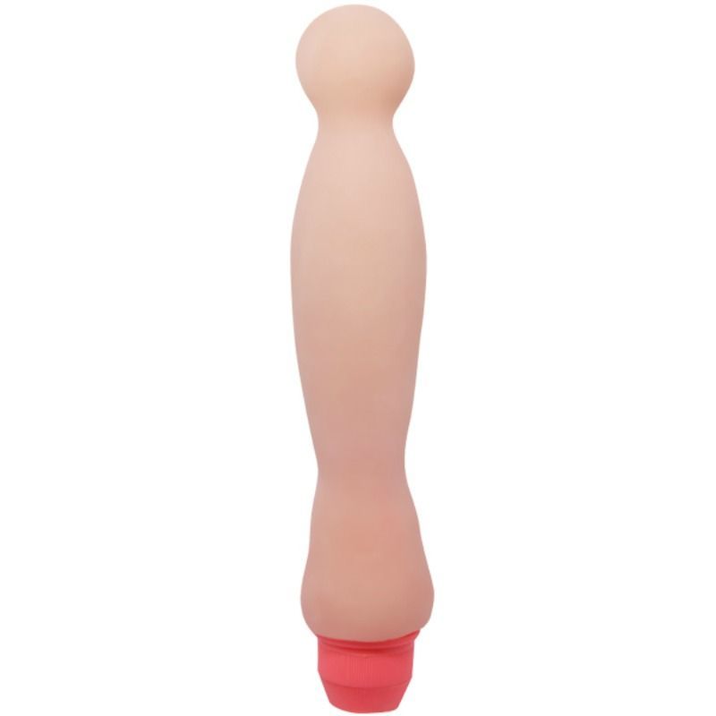 Beigefarbener Vibrator mit rosa Spitze. Längliche Form mit abgerundeten Enden. Glatte Oberfläche.