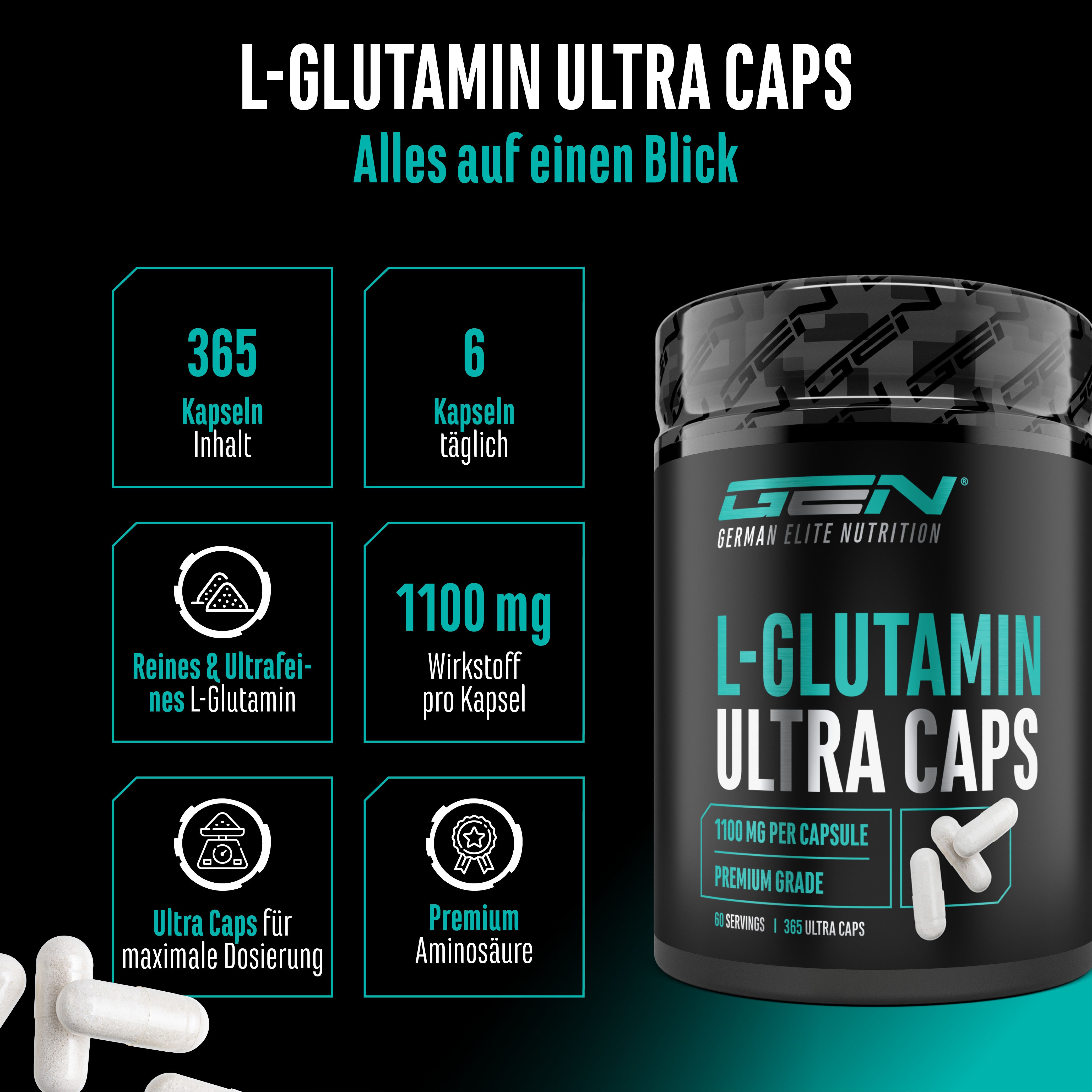 Schwarze Dose mit weißen Kapseln. Text: L-GLUTAMIN ULTRA CAPS, GEN German Elite Nutrition. 365 Kapseln Inhalt, 6 täglich, 1100 mg pro Kapsel.