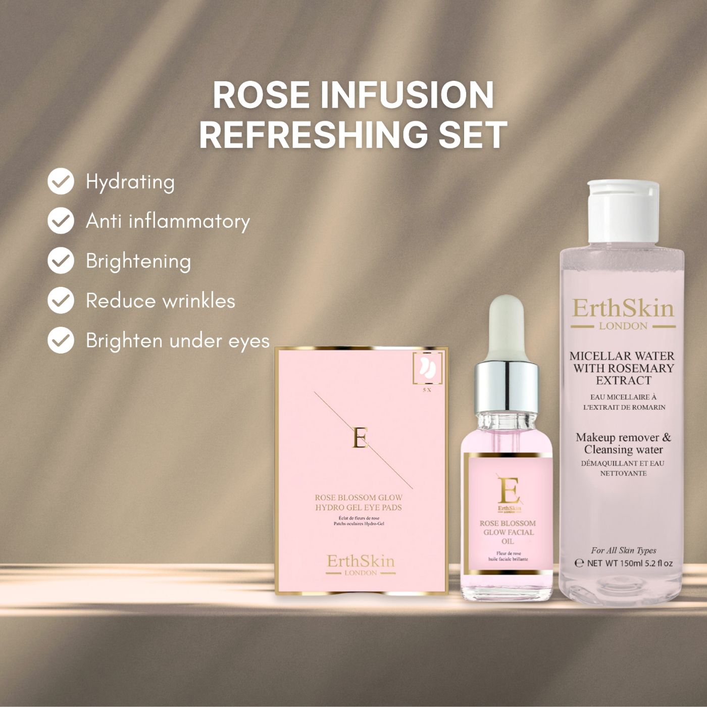 ErthSkin London Rose Blossom Set. Rosa Verpackung, Flasche und Tropfflasche. Text: Micellar Water, Rose Blossom Glow, Hydro Gel Eye Pads. Vorteile.
