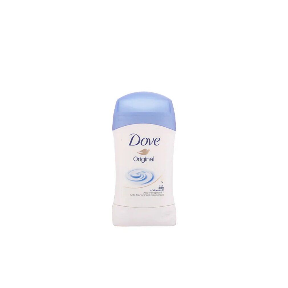 Deodorant-Stick Dove Original, weiß mit blauem Deckel. Aufschrift Dove Original, Anti-Transpirant, 48h Schutz, 0% Alkohol.
