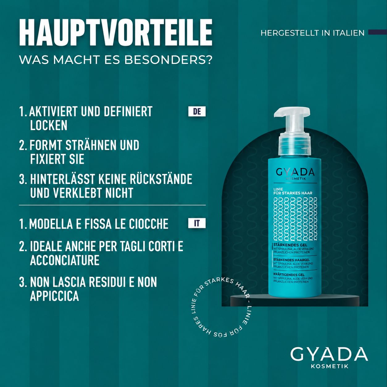 Infografik mit Hauptvorteilen: "Aktiviert und definiert Locken".