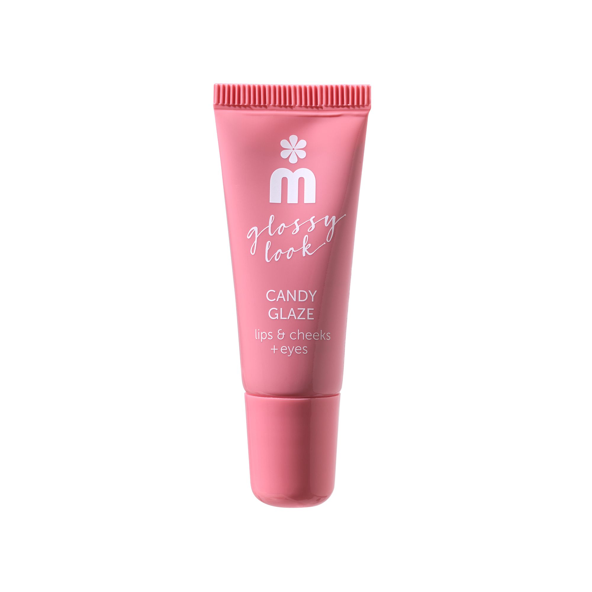Rosa Tube mit weißem Logo und Schriftzug. Produktname: Candy Glaze, für Lippen, Wangen und Augenlider.