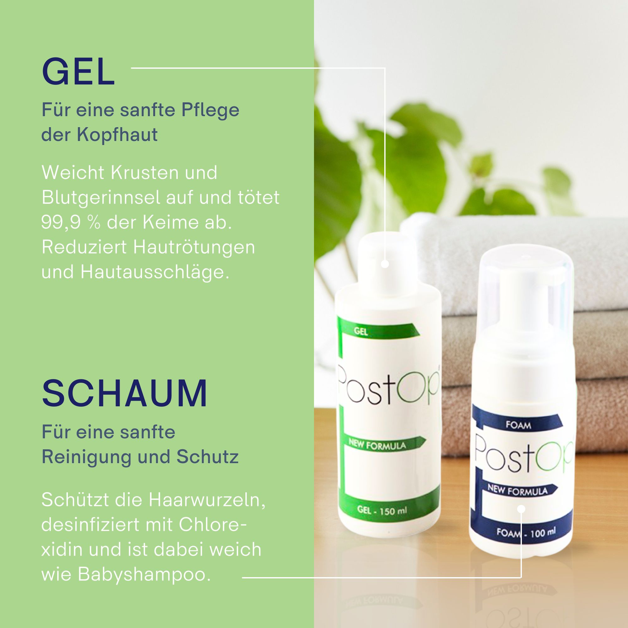 Zwei Flaschen PostOp: Gel und Schaum. Text: Für eine sanfte Pflege der Kopfhaut. Für sanfte Reinigung und Schutz.